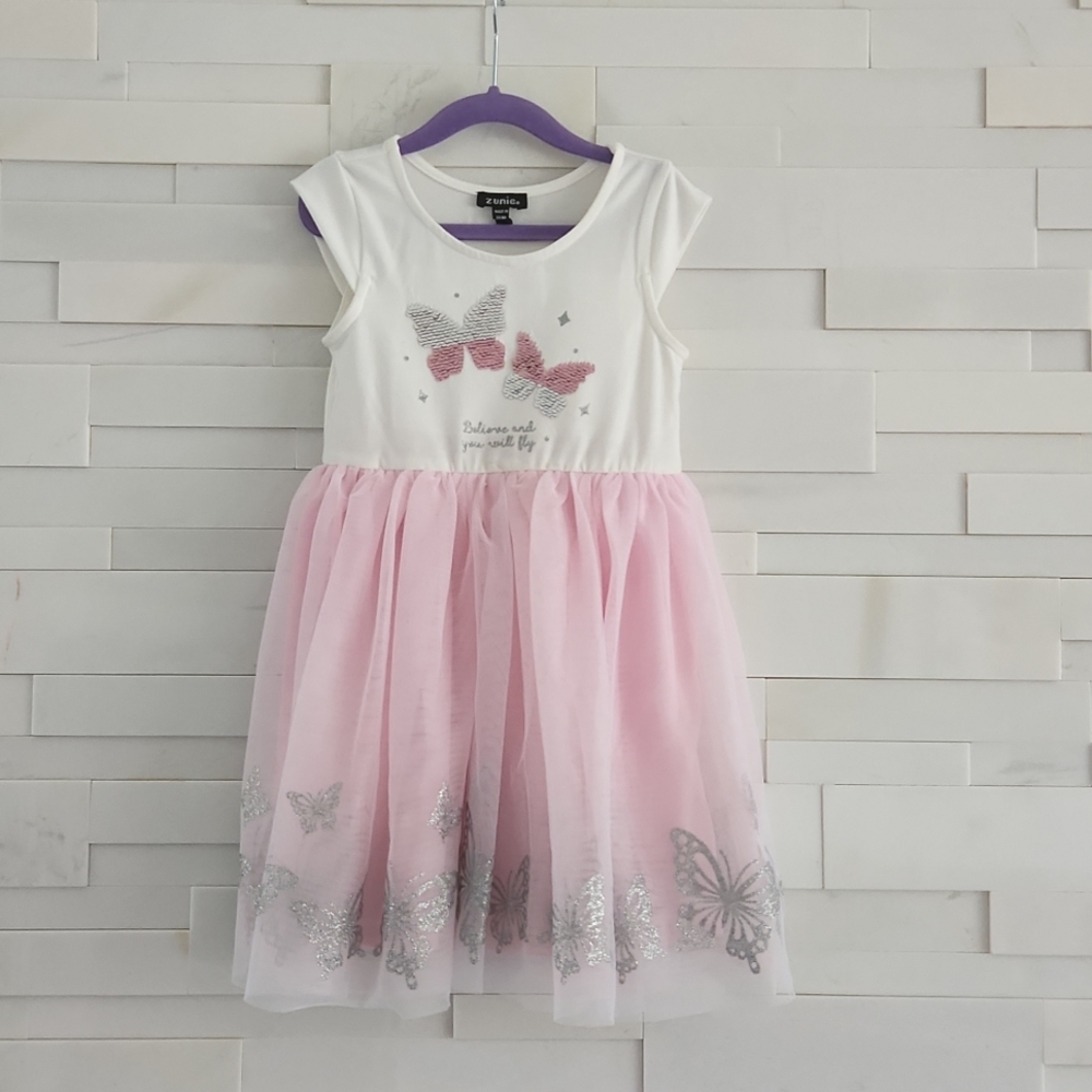 ZUNIE BUTTERFLY FLIP SEQUENCE TULE DRESS. SUPER CUTE SIZE 5. PINK SILVER WHITE